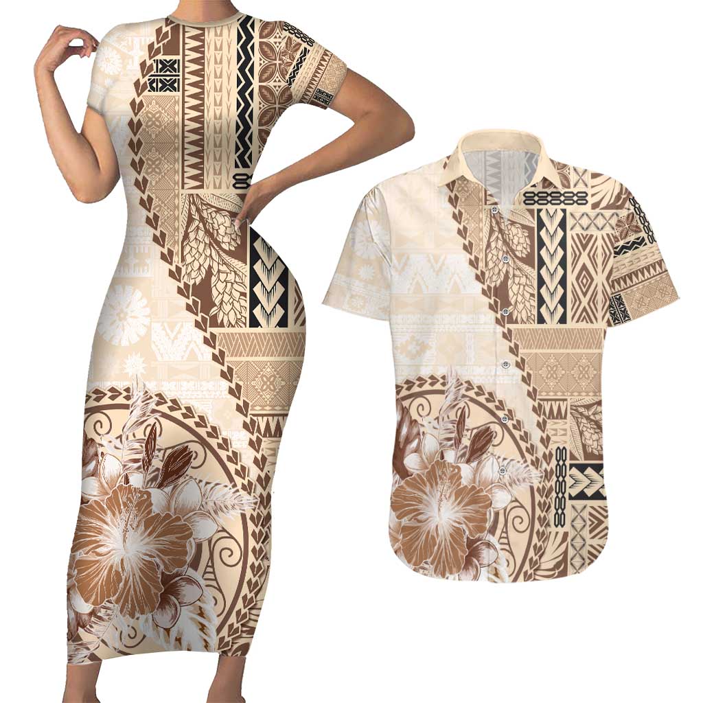Samoa Siapo Elegant Couples Matching Short Sleeve Bodycon Dress and Hawaiian Shirt Hibiscus Beige Motifs - Polynesian Pride
