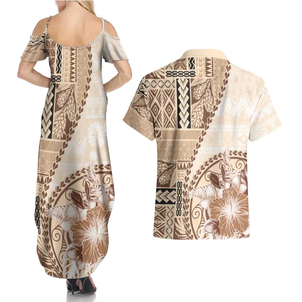 Samoa Siapo Elegant Couples Matching Summer Maxi Dress and Hawaiian Shirt Hibiscus Beige Motifs - Polynesian Pride