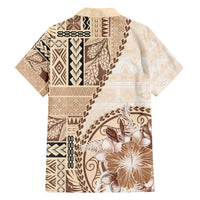 Samoa Siapo Elegant Family Matching Long Sleeve Bodycon Dress and Hawaiian Shirt Hibiscus Beige Motifs - Polynesian Pride