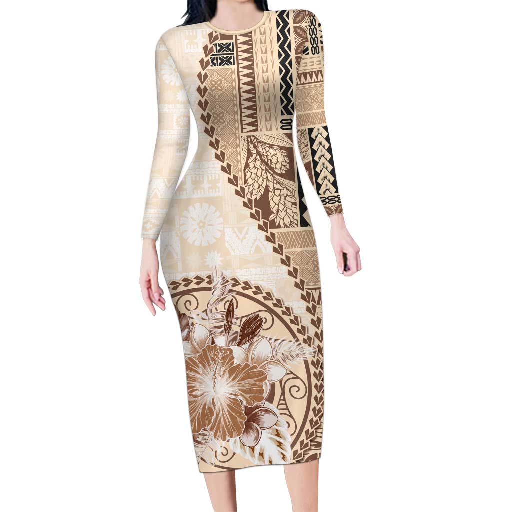 Samoa Siapo Elegant Family Matching Long Sleeve Bodycon Dress and Hawaiian Shirt Hibiscus Beige Motifs - Polynesian Pride