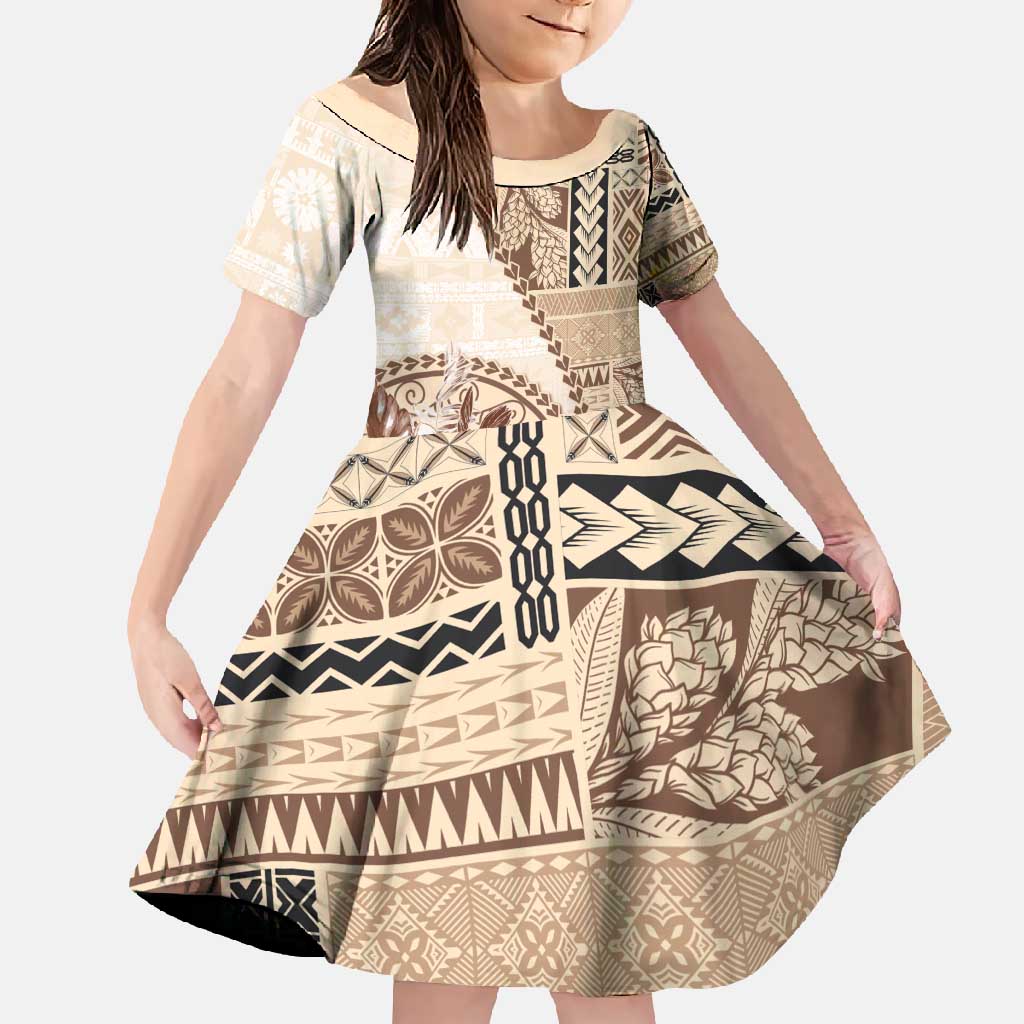 Samoa Siapo Elegant Family Matching Mermaid Dress and Hawaiian Shirt Hibiscus Beige Motifs - Polynesian Pride