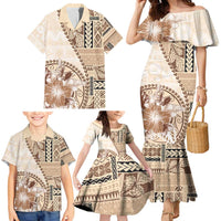 Samoa Siapo Elegant Family Matching Mermaid Dress and Hawaiian Shirt Hibiscus Beige Motifs - Polynesian Pride