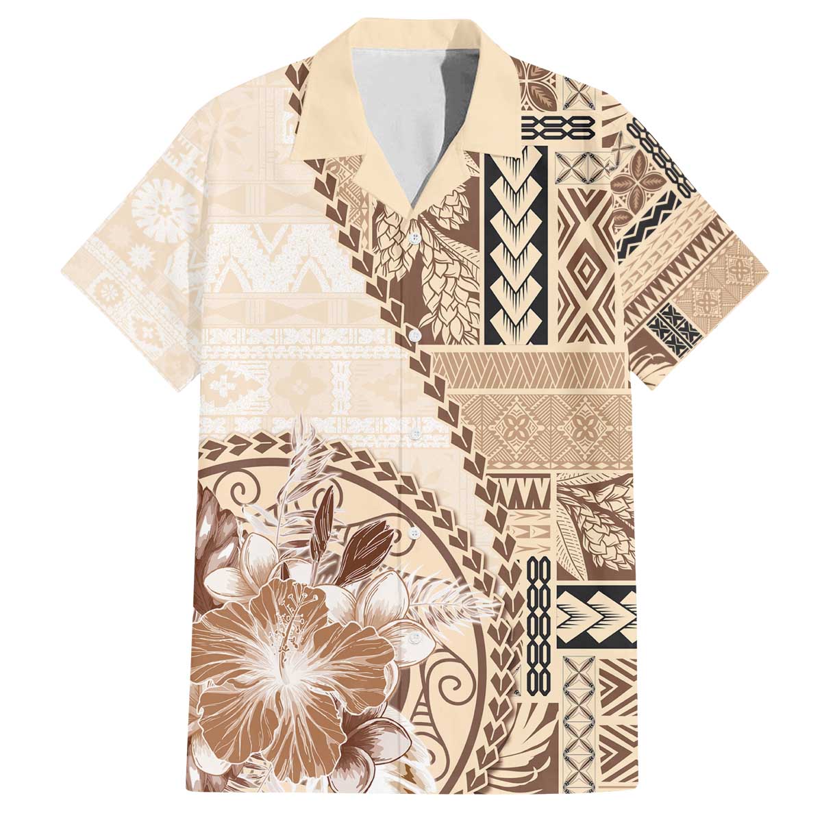 Samoa Siapo Elegant Family Matching Off The Shoulder Long Sleeve Dress and Hawaiian Shirt Hibiscus Beige Motifs - Polynesian Pride