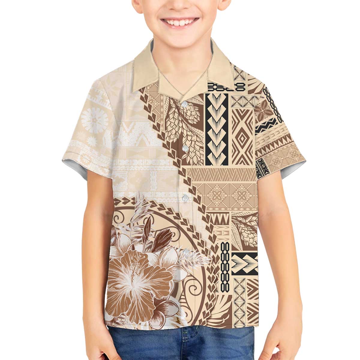 Samoa Siapo Elegant Family Matching Off The Shoulder Long Sleeve Dress and Hawaiian Shirt Hibiscus Beige Motifs - Polynesian Pride