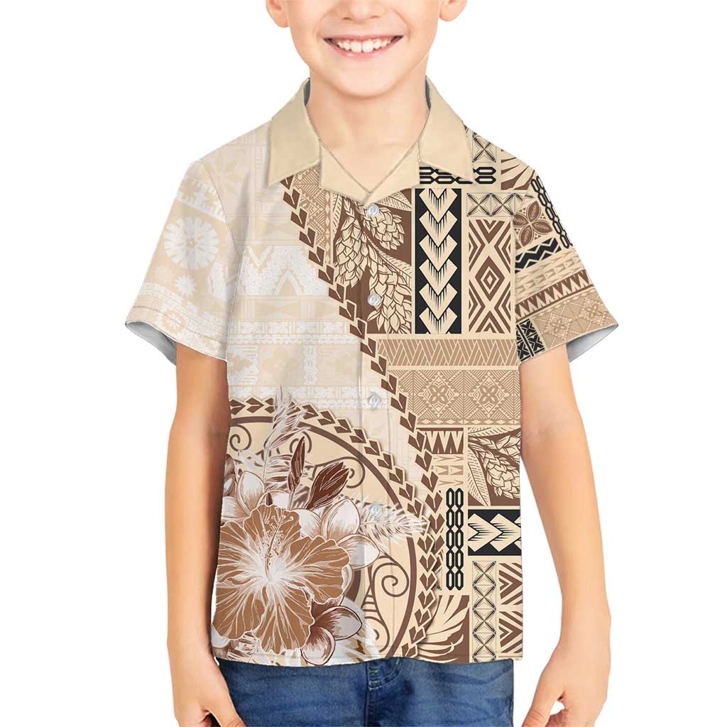 Samoa Siapo Elegant Family Matching Off Shoulder Short Dress and Hawaiian Shirt Hibiscus Beige Motifs - Polynesian Pride