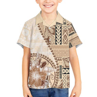 Samoa Siapo Elegant Family Matching Off Shoulder Short Dress and Hawaiian Shirt Hibiscus Beige Motifs - Polynesian Pride