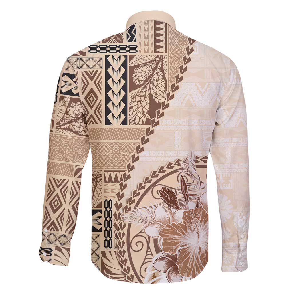 Samoa Siapo Elegant Family Matching Puletasi and Hawaiian Shirt Hibiscus Beige Motifs - Polynesian Pride