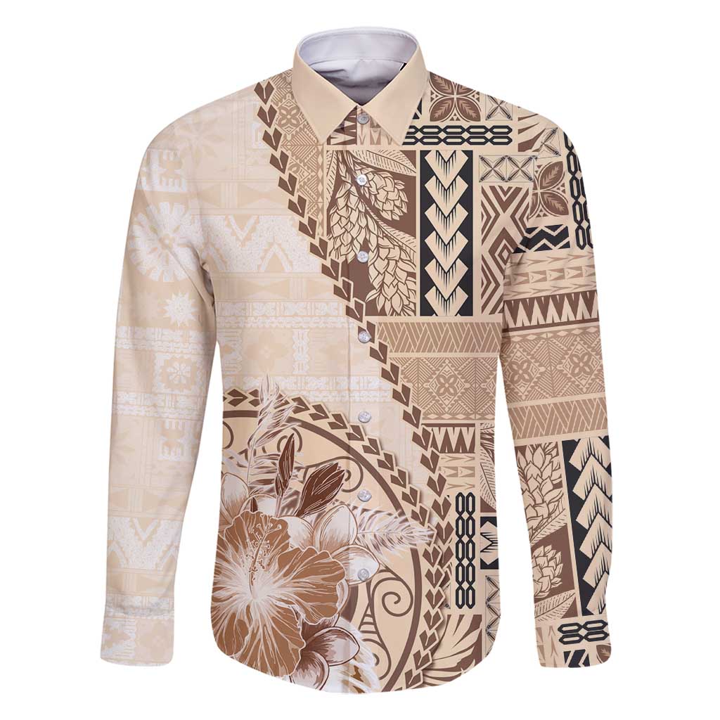 Samoa Siapo Elegant Family Matching Tank Maxi Dress and Hawaiian Shirt Hibiscus Beige Motifs - Polynesian Pride