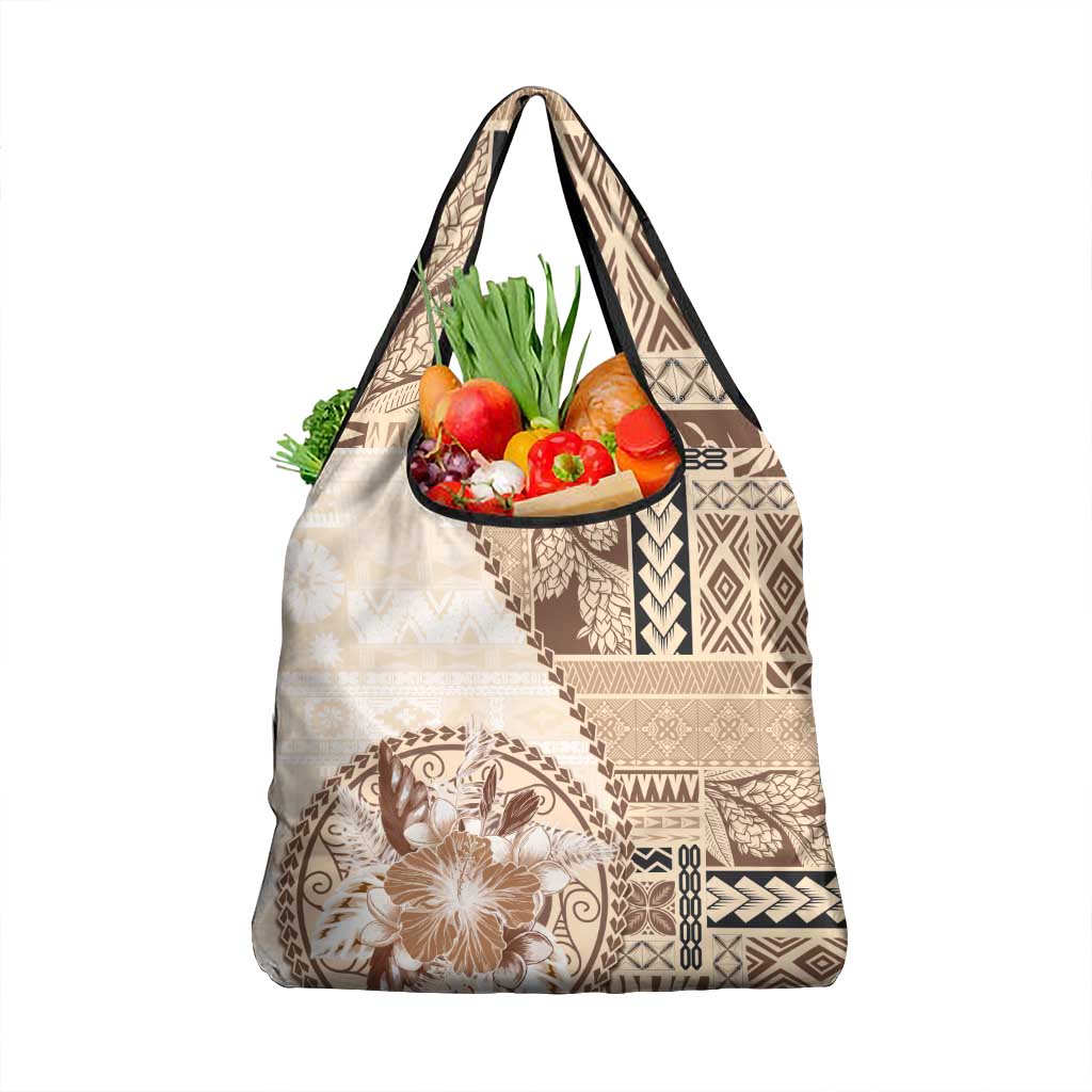 Samoa Siapo Elegant Grocery Bag Hibiscus Beige Motifs - Polynesian Pride