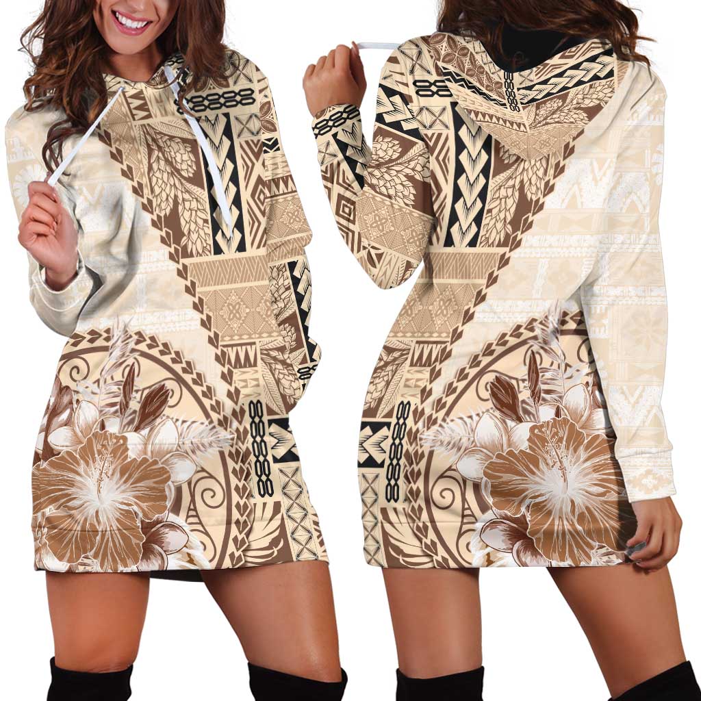 Samoa Siapo Elegant Hoodie Dress Hibiscus Beige Motifs - Polynesian Pride