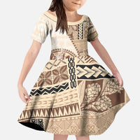 Samoa Siapo Elegant Kid Short Sleeve Dress Hibiscus Beige Motifs - Polynesian Pride