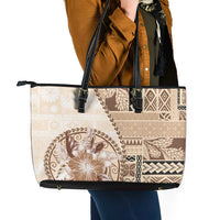 Samoa Siapo Elegant Leather Tote Bag Hibiscus Beige Motifs - Polynesian Pride