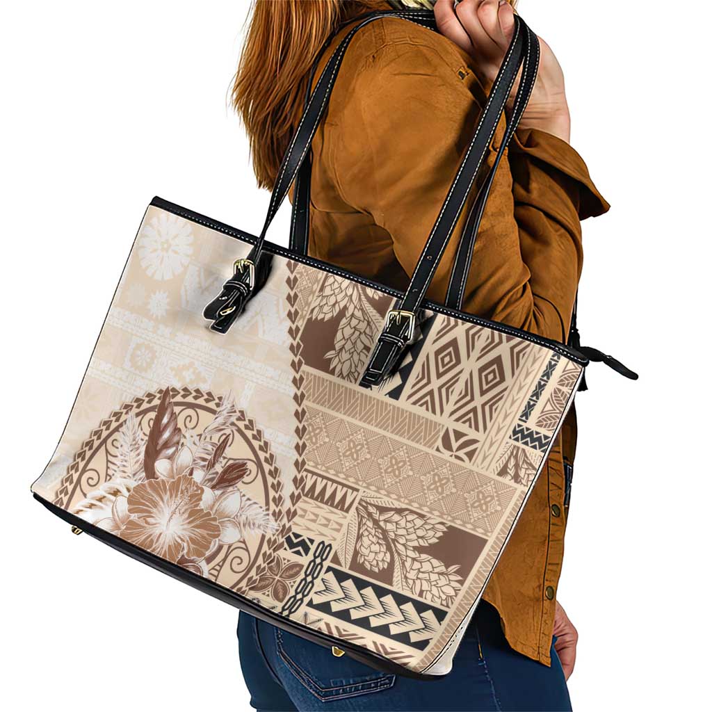 Samoa Siapo Elegant Leather Tote Bag Hibiscus Beige Motifs - Polynesian Pride
