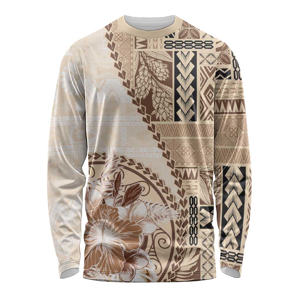 Samoa Siapo Elegant Long Sleeve Shirt Hibiscus Beige Motifs - Polynesian Pride