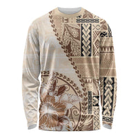 Samoa Siapo Elegant Long Sleeve Shirt Hibiscus Beige Motifs - Polynesian Pride
