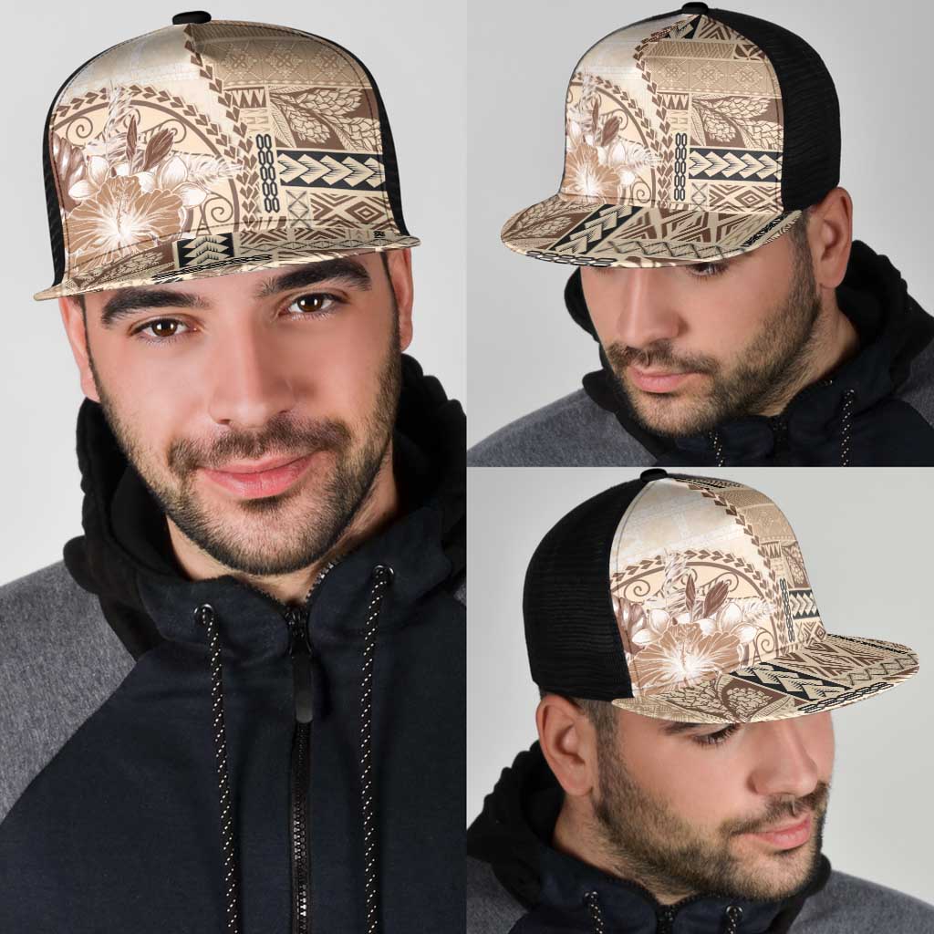 Samoa Siapo Elegant Mesh Trucker Cap Hibiscus Beige Motifs - Polynesian Pride