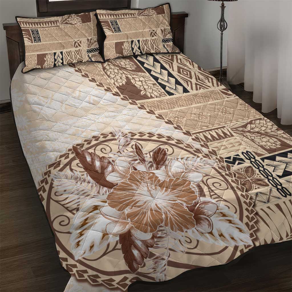 Samoa Siapo Elegant Quilt Bed Set Hibiscus Beige Motifs - Polynesian Pride