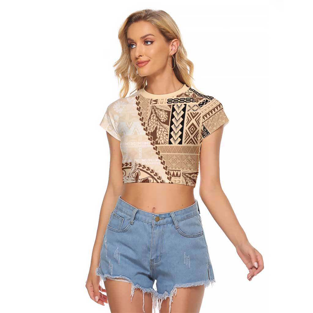 Samoa Siapo Elegant Raglan Cropped T Shirt Hibiscus Beige Motifs - Polynesian Pride