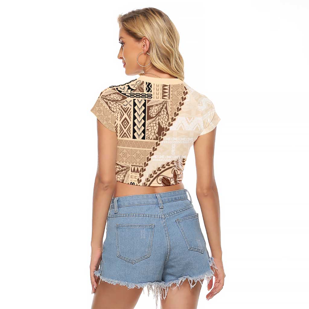 Samoa Siapo Elegant Raglan Cropped T Shirt Hibiscus Beige Motifs - Polynesian Pride
