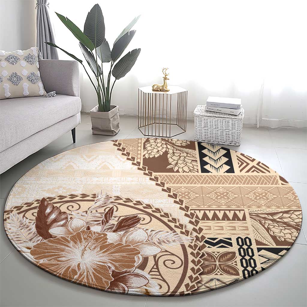 Samoa Siapo Elegant Round Carpet Hibiscus Beige Motifs - Polynesian Pride