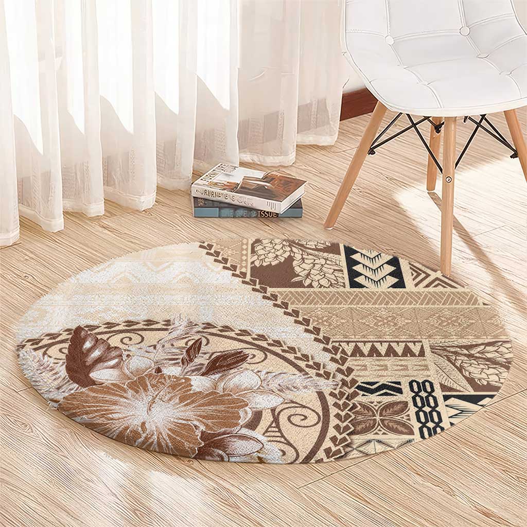 Samoa Siapo Elegant Round Carpet Hibiscus Beige Motifs - Polynesian Pride