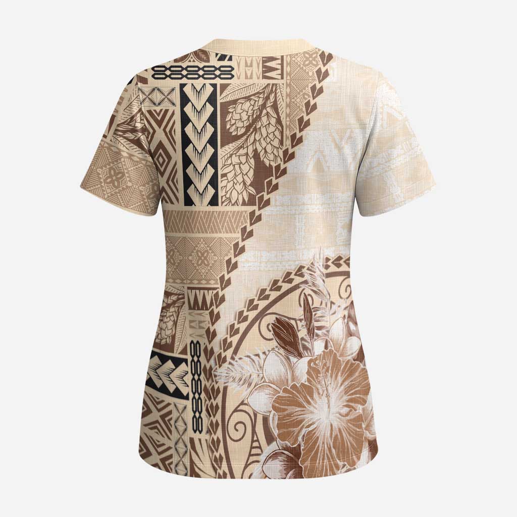 Samoa Siapo Elegant Scrub Top Hibiscus Beige Motifs LT05 - Polynesian Pride