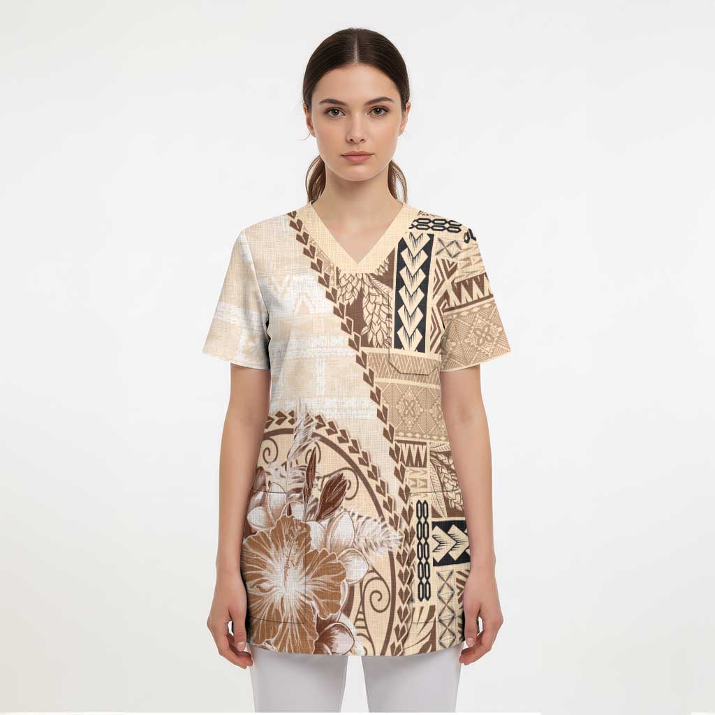 Samoa Siapo Elegant Scrub Top Hibiscus Beige Motifs LT05 - Polynesian Pride