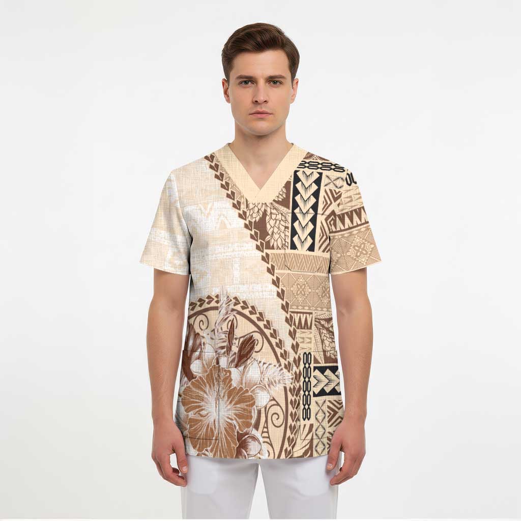 Samoa Siapo Elegant Scrub Top Hibiscus Beige Motifs LT05 - Polynesian Pride