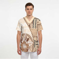 Samoa Siapo Elegant Scrub Top Hibiscus Beige Motifs LT05 - Polynesian Pride