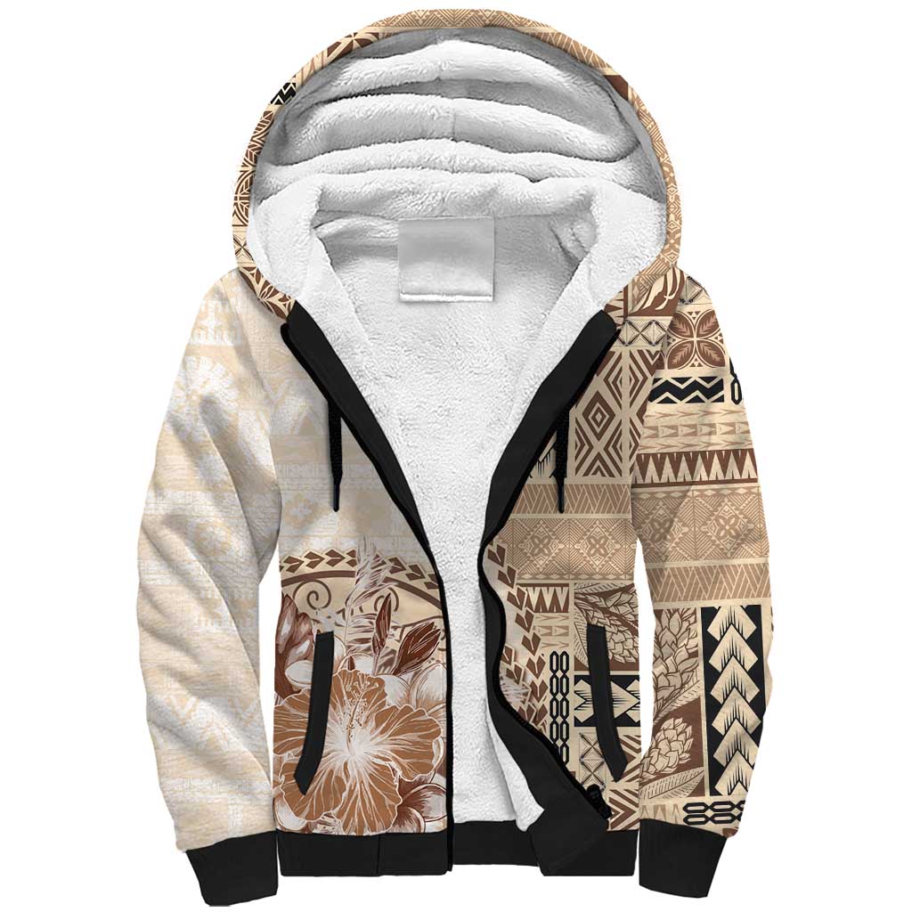 Samoa Siapo Elegant Sherpa Hoodie Hibiscus Beige Motifs - Polynesian Pride