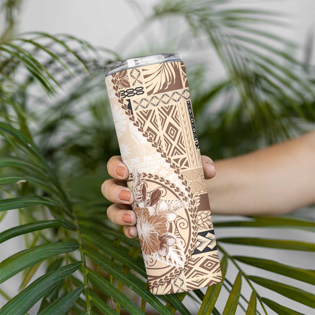 Samoa Siapo Elegant Skinny Tumbler Hibiscus Beige Motifs - Polynesian Pride