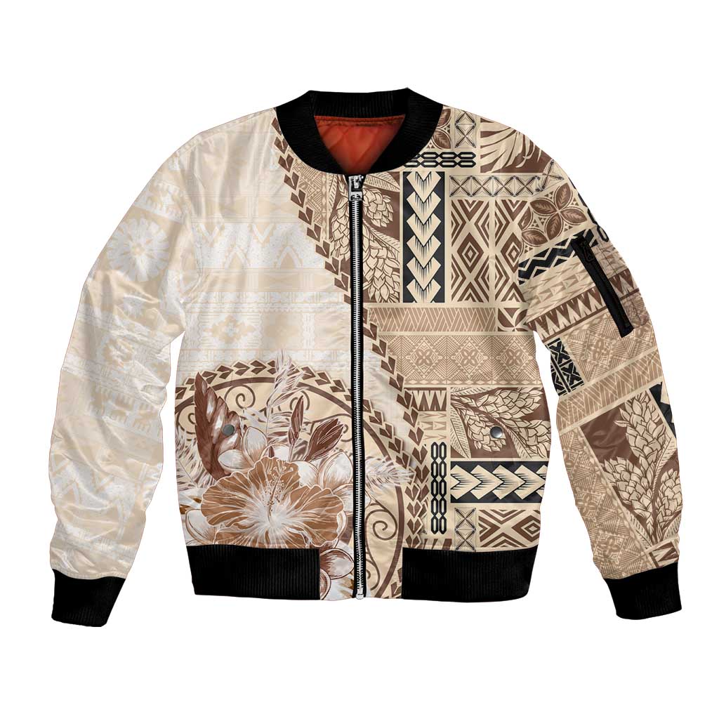 Samoa Siapo Elegant Sleeve Zip Bomber Jacket Hibiscus Beige Motifs - Polynesian Pride