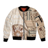 Samoa Siapo Elegant Sleeve Zip Bomber Jacket Hibiscus Beige Motifs - Polynesian Pride