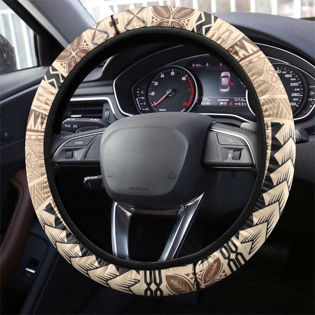 Samoa Siapo Elegant Steering Wheel Cover Hibiscus Beige Motifs - Polynesian Pride