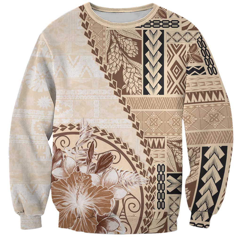 Samoa Siapo Elegant Sweatshirt Hibiscus Beige Motifs - Polynesian Pride