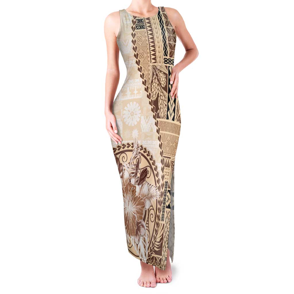 Samoa Siapo Elegant Tank Maxi Dress Hibiscus Beige Motifs - Polynesian Pride