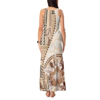 Samoa Siapo Elegant Tank Maxi Dress Hibiscus Beige Motifs - Polynesian Pride