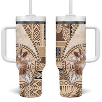 Samoa Siapo Elegant Tumbler With Handle Hibiscus Beige Motifs - Polynesian Pride