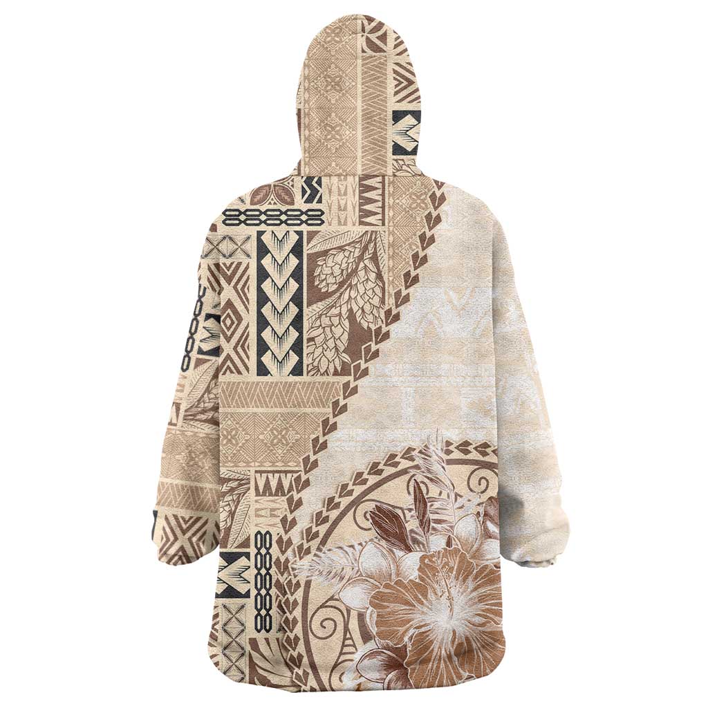 Samoa Siapo Elegant Wearable Blanket Hoodie Hibiscus Beige Motifs - Polynesian Pride