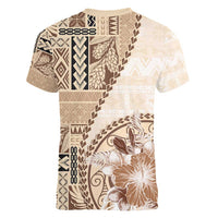 Samoa Siapo Elegant Women V-Neck T-Shirt Hibiscus Beige Motifs - Polynesian Pride