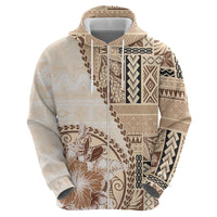 Samoa Siapo Elegant Zip Hoodie Hibiscus Beige Motifs - Polynesian Pride
