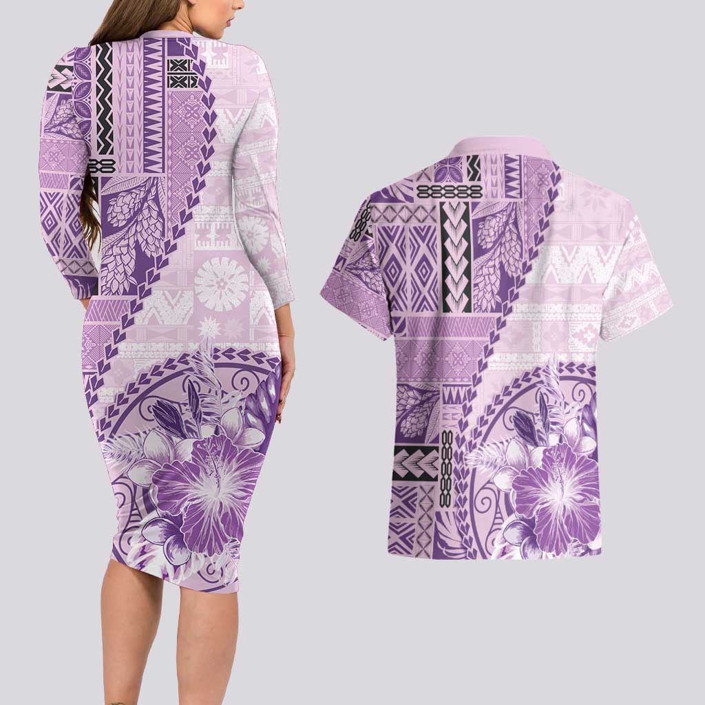 Samoa Siapo Elegant Couples Matching Long Sleeve Bodycon Dress and Hawaiian Shirt Hibiscus Violet Motifs - Polynesian Pride