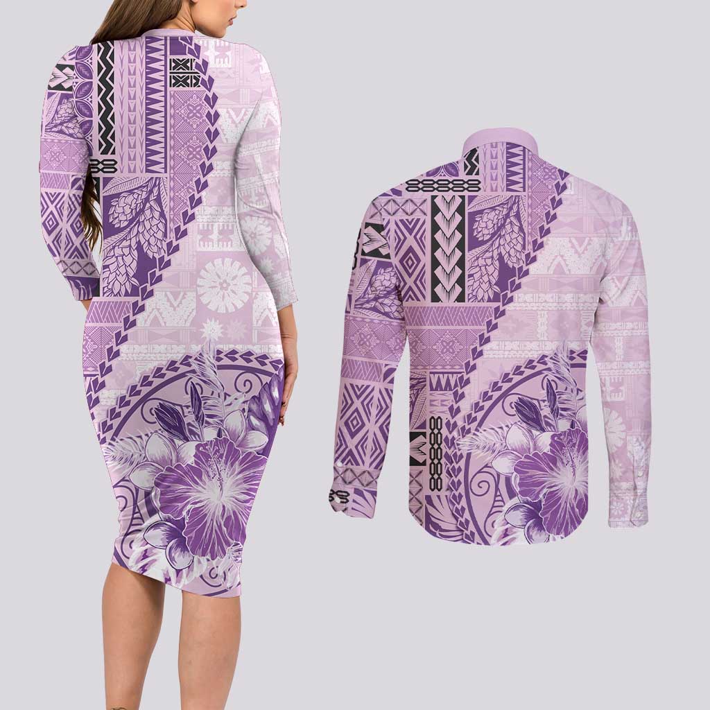 Samoa Siapo Elegant Couples Matching Long Sleeve Bodycon Dress and Long Sleeve Button Shirt Hibiscus Violet Motifs - Polynesian Pride