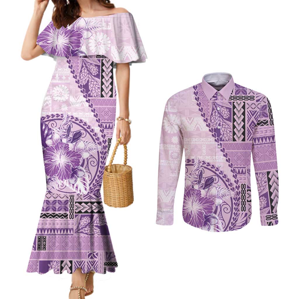 Samoa Siapo Elegant Couples Matching Mermaid Dress and Long Sleeve Button Shirt Hibiscus Violet Motifs - Polynesian Pride