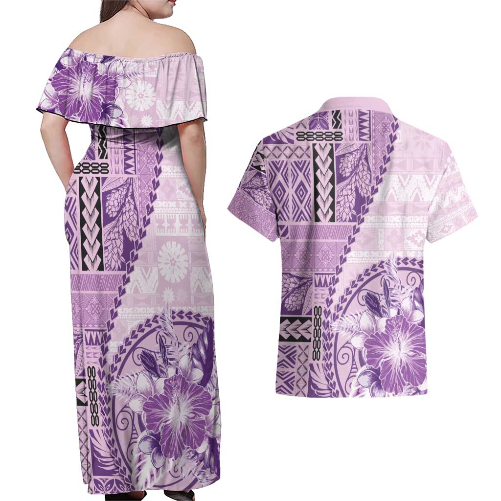Samoa Siapo Elegant Couples Matching Off Shoulder Maxi Dress and Hawaiian Shirt Hibiscus Violet Motifs - Polynesian Pride
