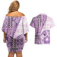 Samoa Siapo Elegant Couples Matching Off Shoulder Short Dress and Hawaiian Shirt Hibiscus Violet Motifs - Polynesian Pride