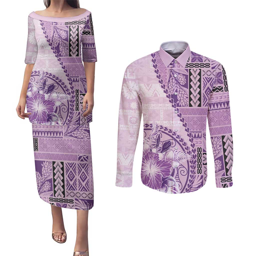 Samoa Siapo Elegant Couples Matching Puletasi and Long Sleeve Button Shirt Hibiscus Violet Motifs - Polynesian Pride