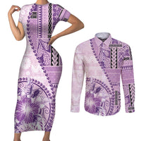 Samoa Siapo Elegant Couples Matching Short Sleeve Bodycon Dress and Long Sleeve Button Shirt Hibiscus Violet Motifs - Polynesian Pride