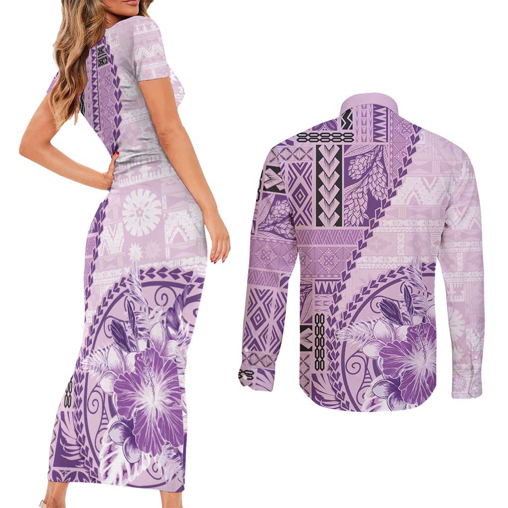 Samoa Siapo Elegant Couples Matching Short Sleeve Bodycon Dress and Long Sleeve Button Shirt Hibiscus Violet Motifs - Polynesian Pride