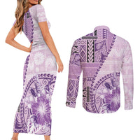 Samoa Siapo Elegant Couples Matching Short Sleeve Bodycon Dress and Long Sleeve Button Shirt Hibiscus Violet Motifs - Polynesian Pride